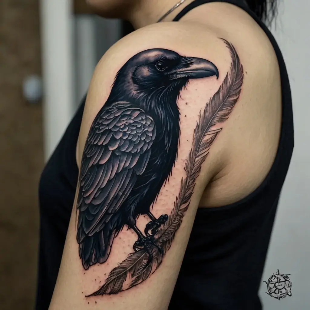 Detailed raven tattoo perched on a feather, symbolizing wisdom and transformation, on the upper arm.