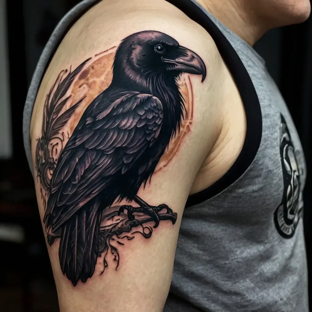 Tattoo of a detailed black raven perched on a branch with a warm, textured background, symbolizing mystery and wisdom.