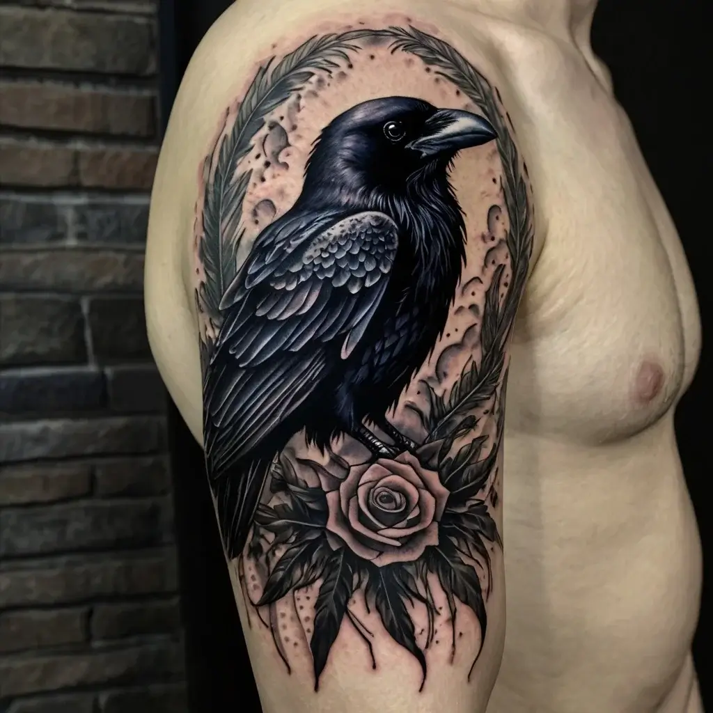 Realistic raven tattoo on upper arm, surrounded by intricate feathers and a blooming rose, set against a textured backdrop.