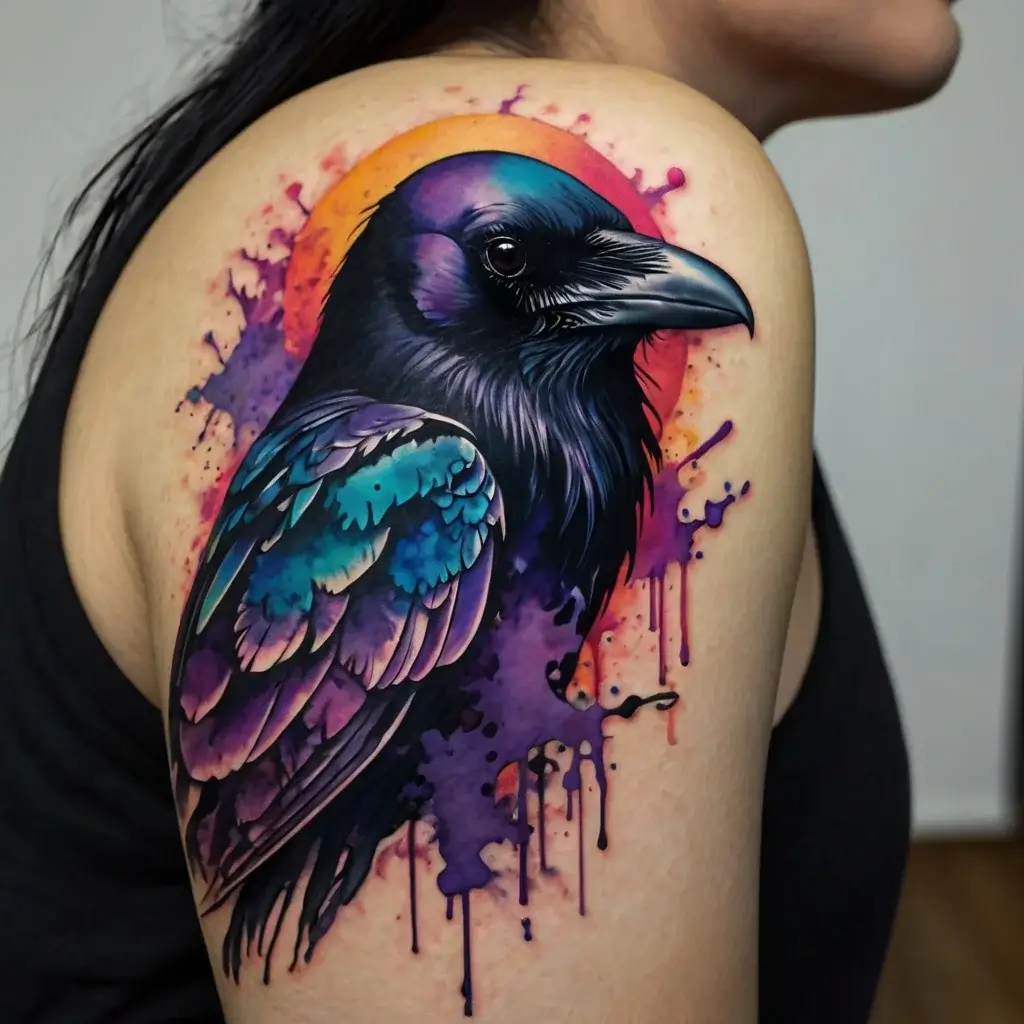 Vibrant raven tattoo with watercolor splashes and sunset hues, showcasing intricate details and bold colors on the shoulder.