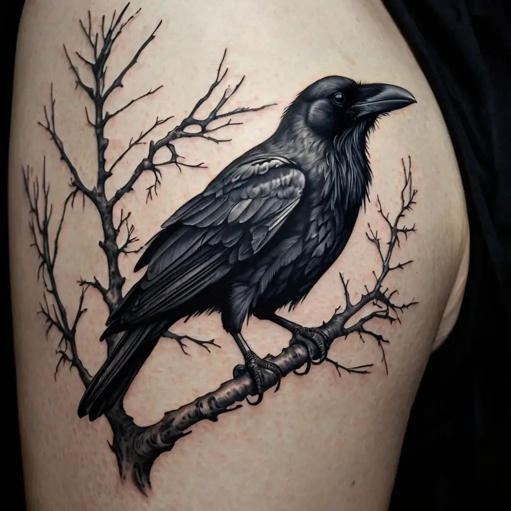 A realistic raven tattoo perched on a branch, with intricate shading and detailed feathers, set against bare tree limbs.