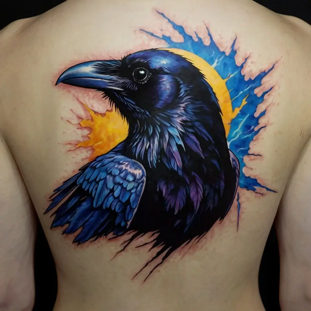 A vibrant tattoo of a blue raven with intricate feathers, set against a radiant yellow sun and electric blue aura.