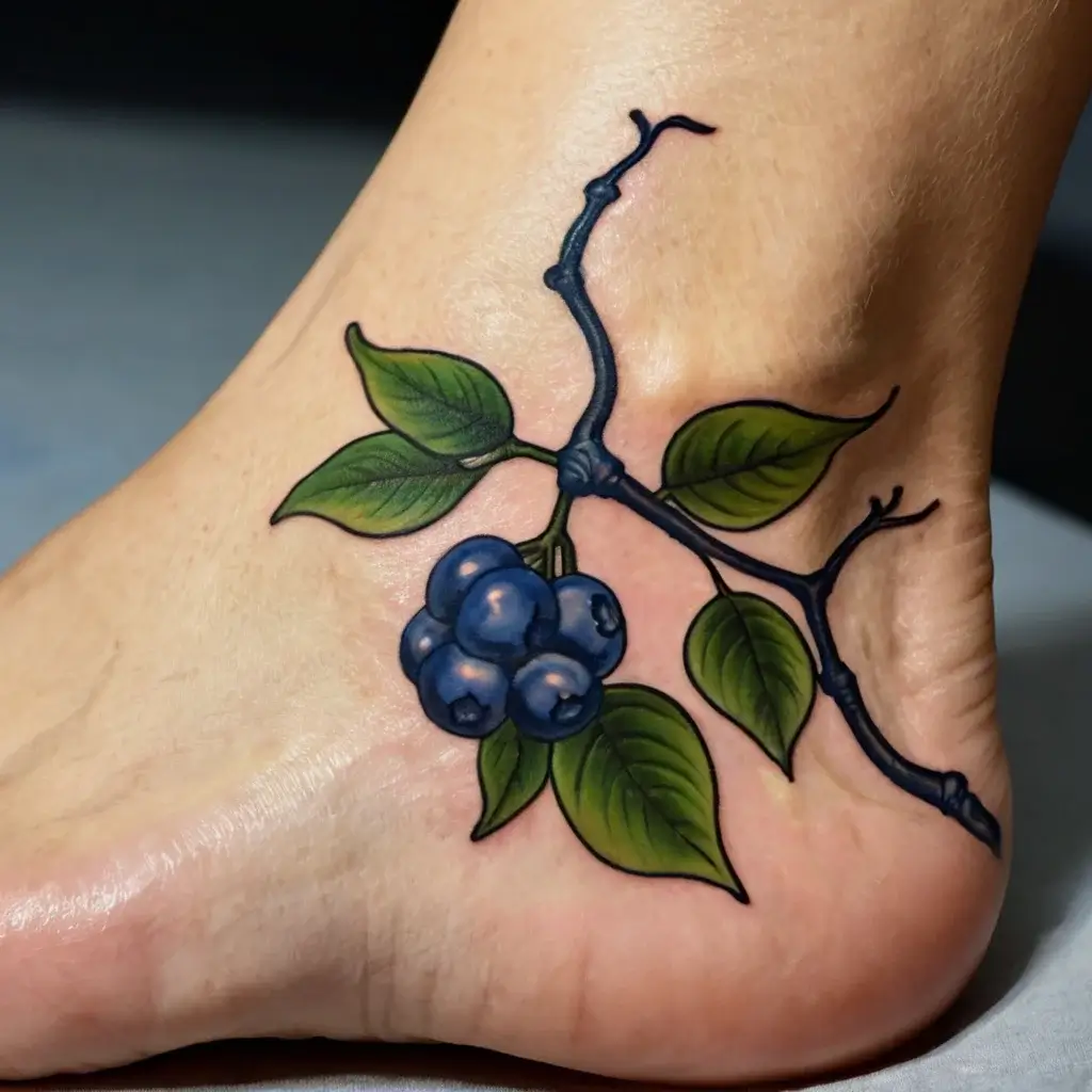 Realistic blueberry branch tattoo on foot with vibrant green leaves and rich blue berries, highlighting nature's beauty.