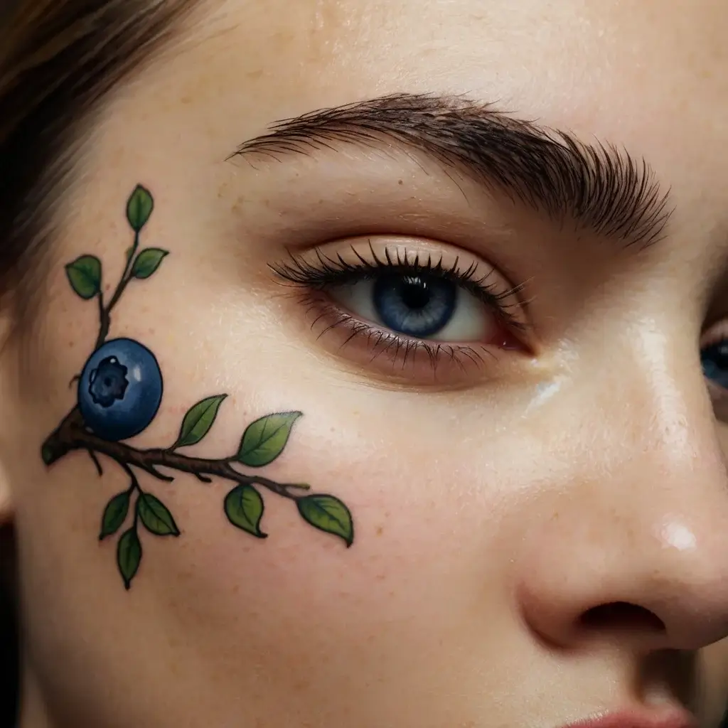 Facial tattoo of a single blueberry branch with leaves, artistically placed by the eye, featuring vibrant colors.