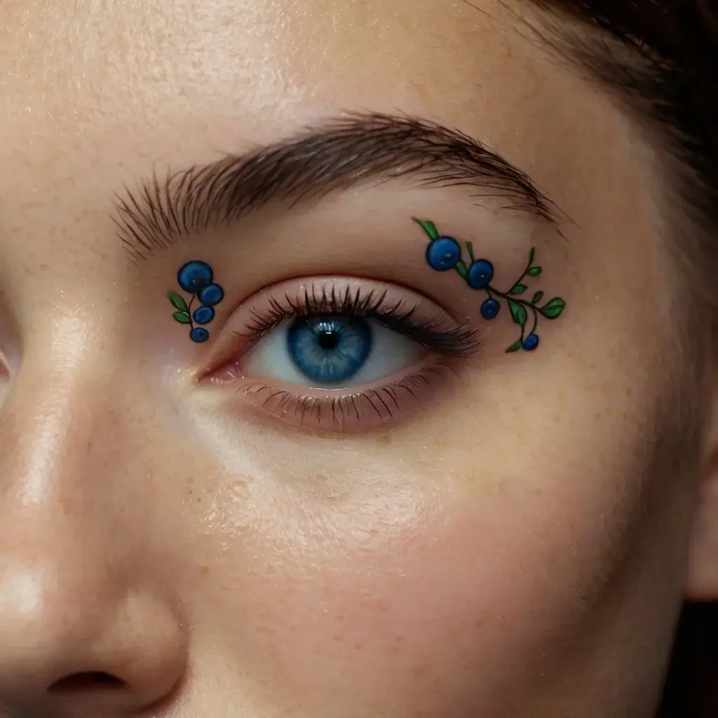 Delicate blueberry branch tattoos adorn the outer corners of the eyes, featuring vibrant blue berries and green leaves.