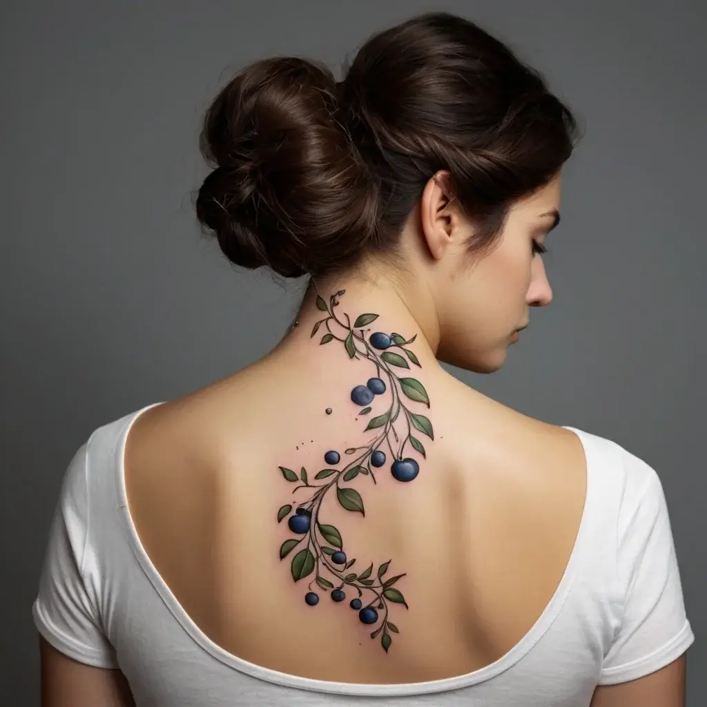 Tattoo of a delicate blueberry branch with green leaves, winding from the neck down to the upper back.