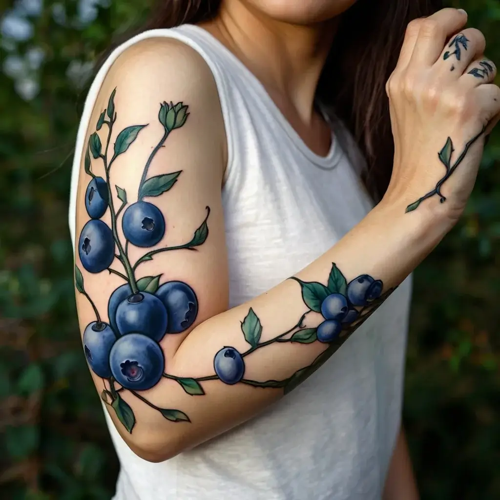 Blueberry branch tattoo with vivid leaves wraps around the arm, showcasing vibrant blue berries in realistic detail.