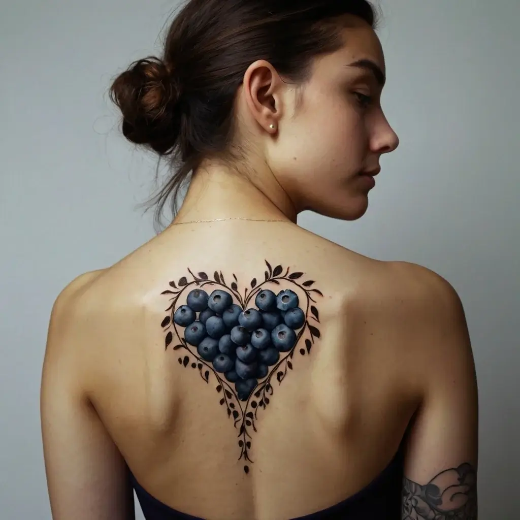 A tattoo of a heart made of blueberries with leafy accents, centered on the upper back, blending realism with nature.