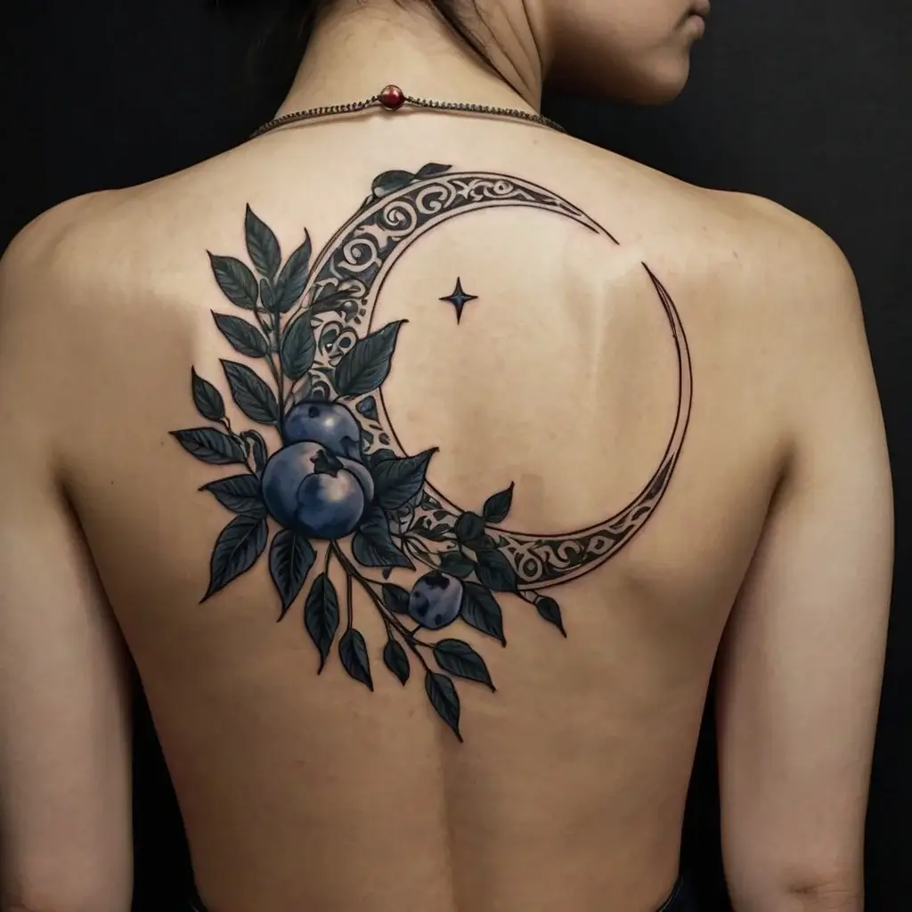 Intricate crescent moon tattoo with ornate patterns, surrounded by realistic leaves and blue berries on a woman's back.