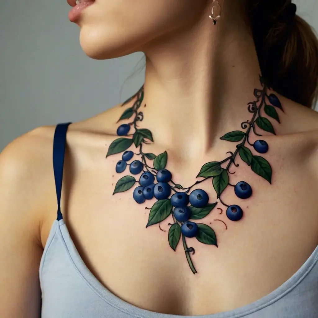 Tattoo of realistic blueberries with vibrant green leaves draped around the collarbone, creating a natural necklace effect.