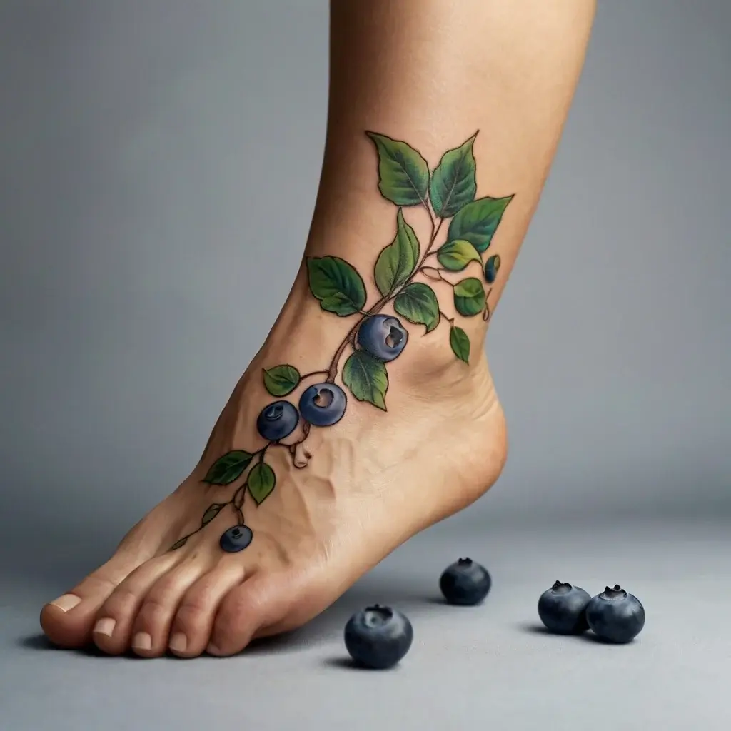 Tattoo of a vibrant blueberry branch with leaves wraps elegantly around a foot, showcasing realism and nature's beauty.