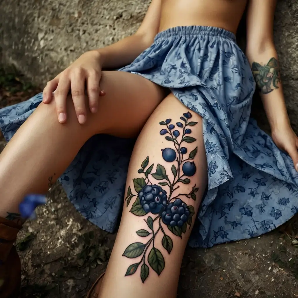 Tattoo of detailed berries and leaves on a thigh, featuring rich blues and greens, creating a vibrant, realistic design.