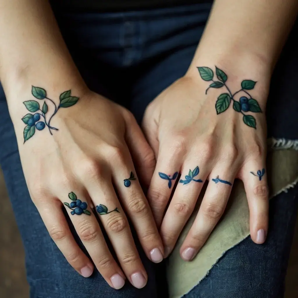 Tattoo design of delicate blueberry branches on hands, with vibrant blue berries and green leaves on fingers and wrists.