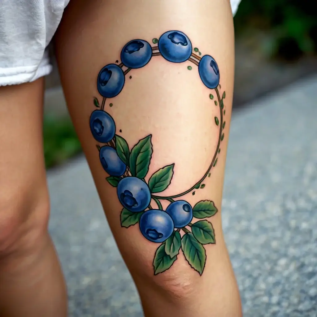 Tattoo of a circular blueberry vine with lush green leaves on the thigh, featuring vibrant blue berries and delicate detail.