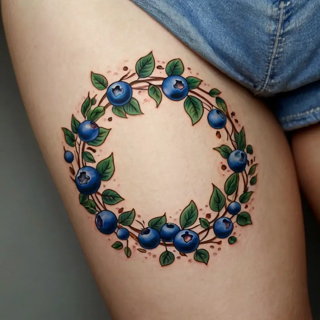 Tattoo of a circular blueberry wreath with vibrant leaves, detailed shading, and realistic color on the thigh.