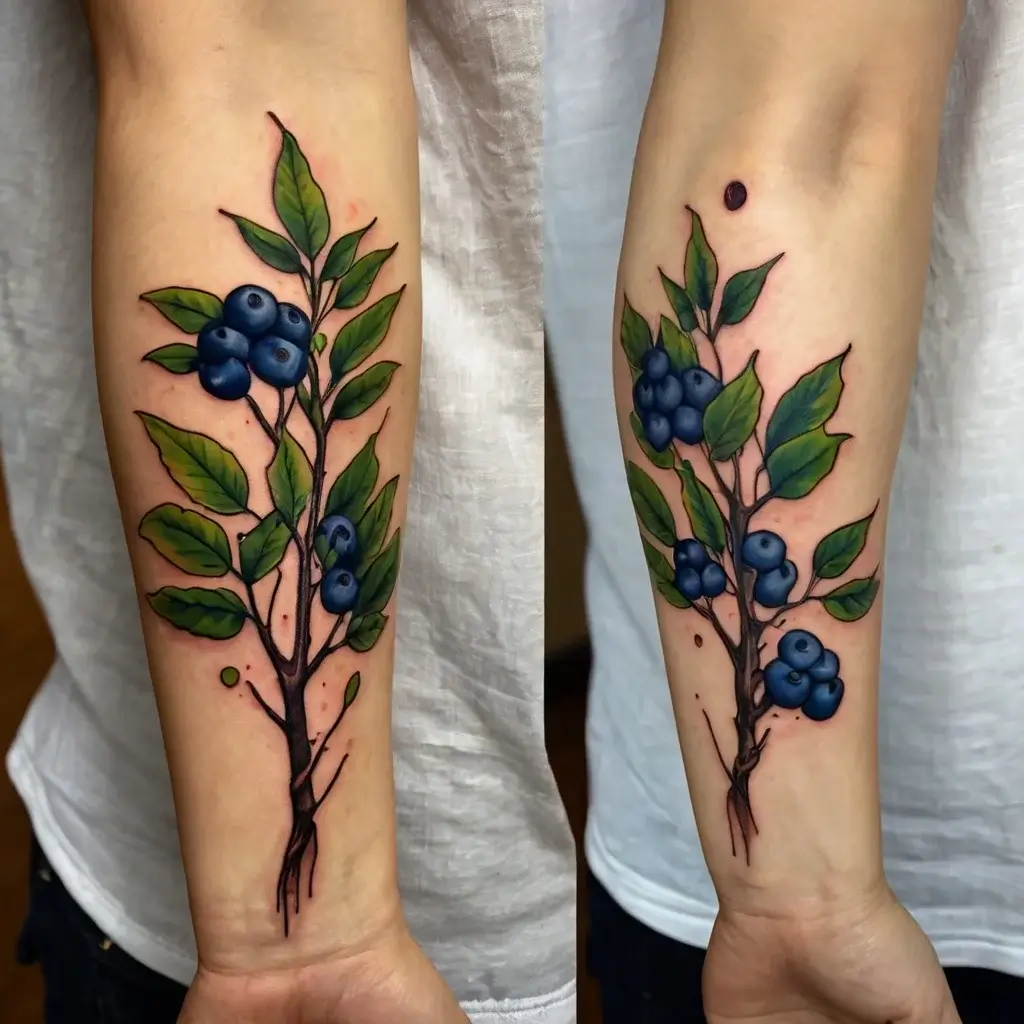 Tattoo of a vibrant blueberry branch with lush green leaves and clusters of deep blue berries on the forearm.