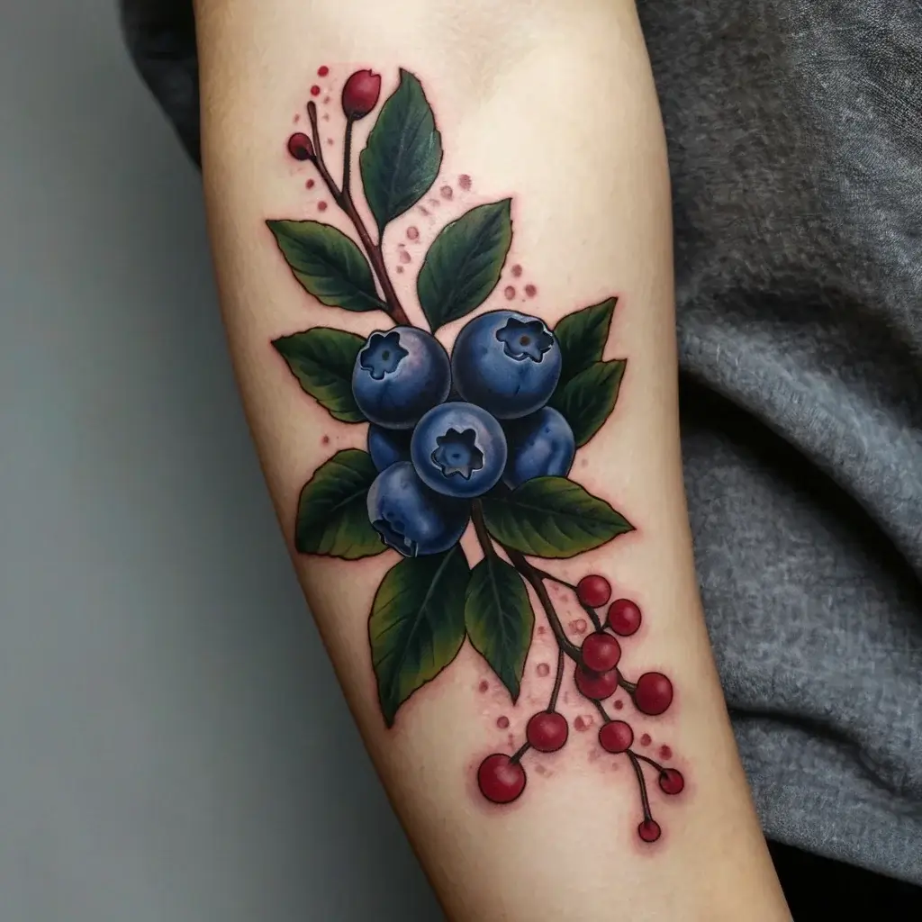 Colorful tattoo of realistic blueberries and red berries on a branch with green leaves, highlighting natural beauty.