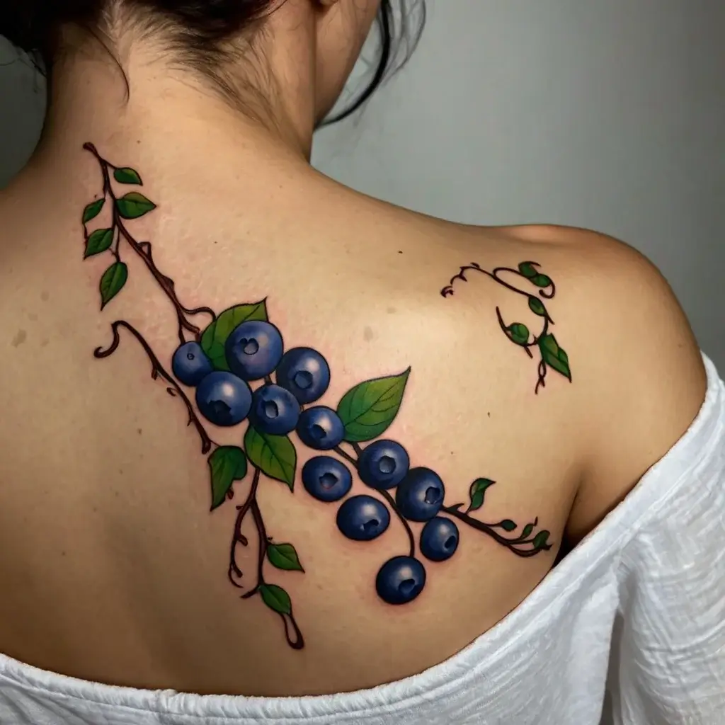 Tattoo of vibrant blueberries and green leaves with twisting branches on a person's shoulder blade.