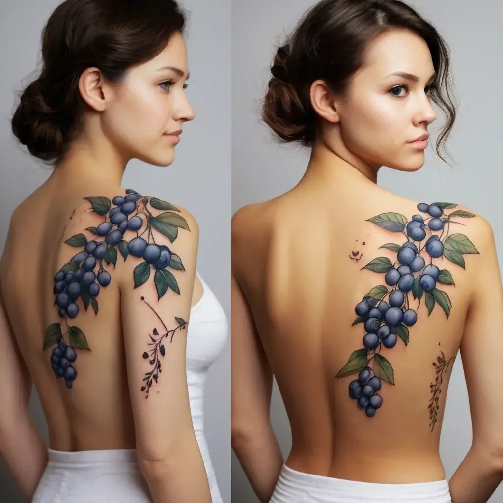 Tattoo of vibrant blueberries and green leaves cascading from shoulder to back, blending realism with artistic flair.