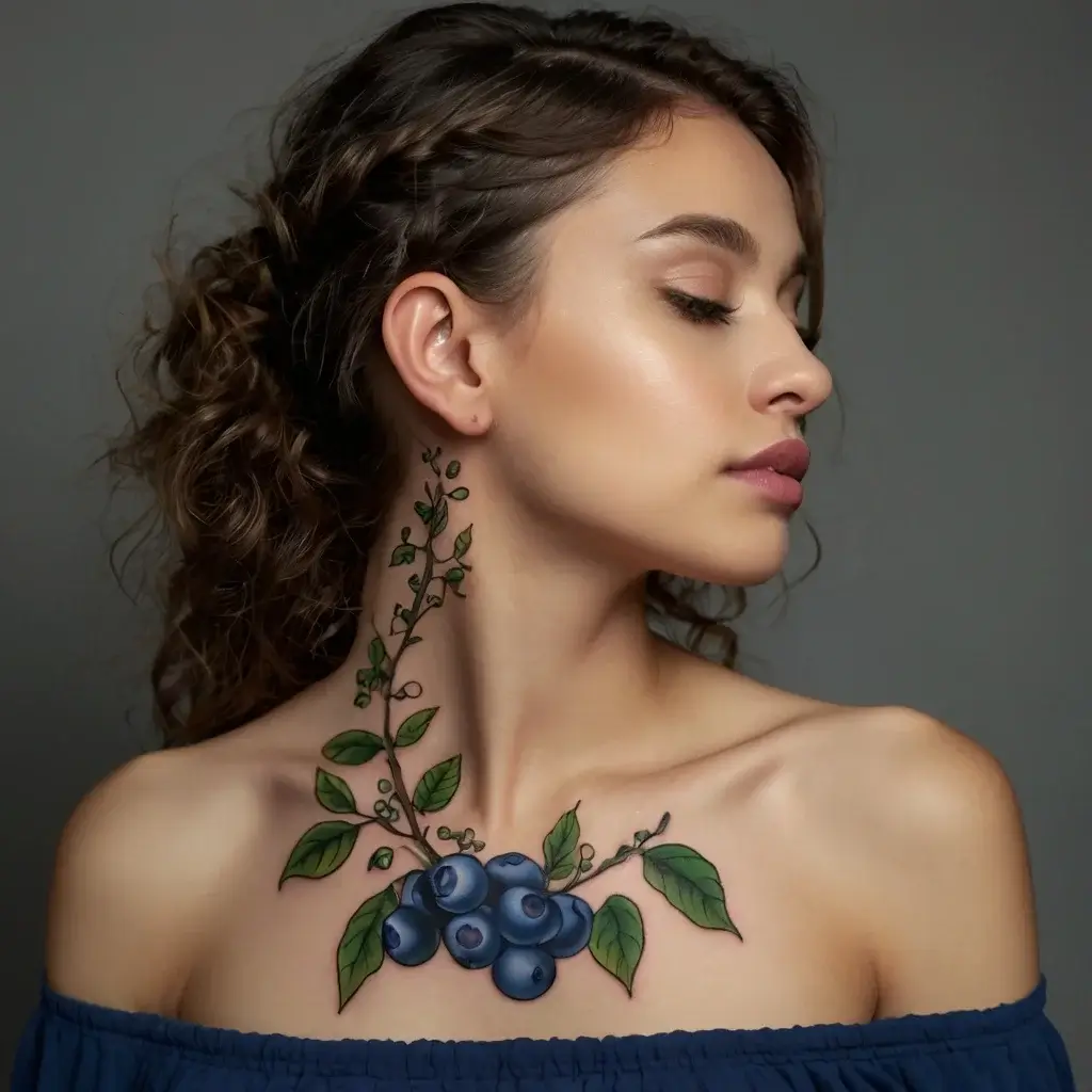 Neck tattoo of vibrant blueberries with vines and leaves, elegantly wrapping around the neck and collarbone.