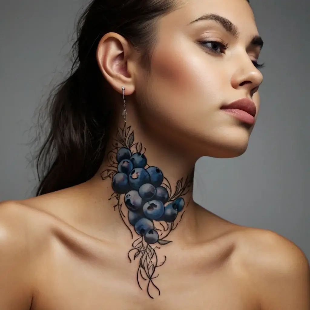 Neck tattoo of a realistic blueberry cluster with intricate vine details, creating a graceful and organic flow.