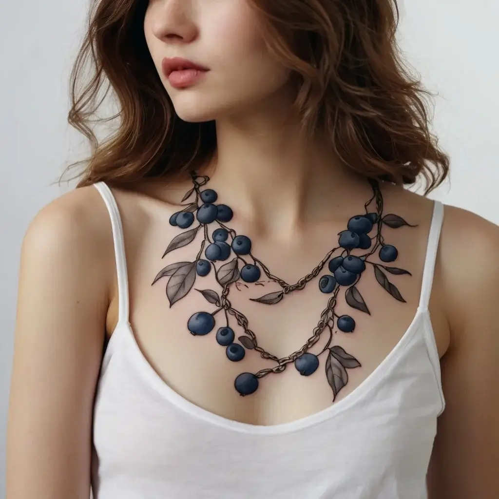 Tattoo of intertwining blueberry branches across the chest, with detailed leaves and plump berries for a natural look.