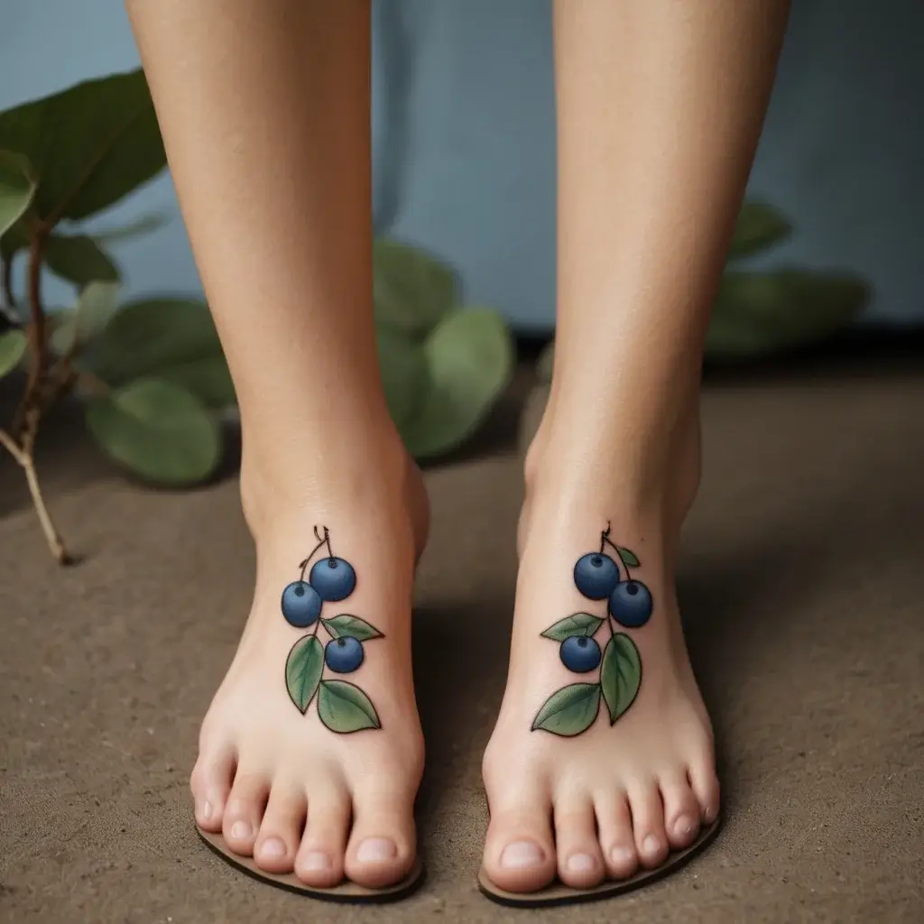 Tattoo of blueberries with green leaves on each foot, symbolizing nature and harmony through vibrant colors and simple lines.