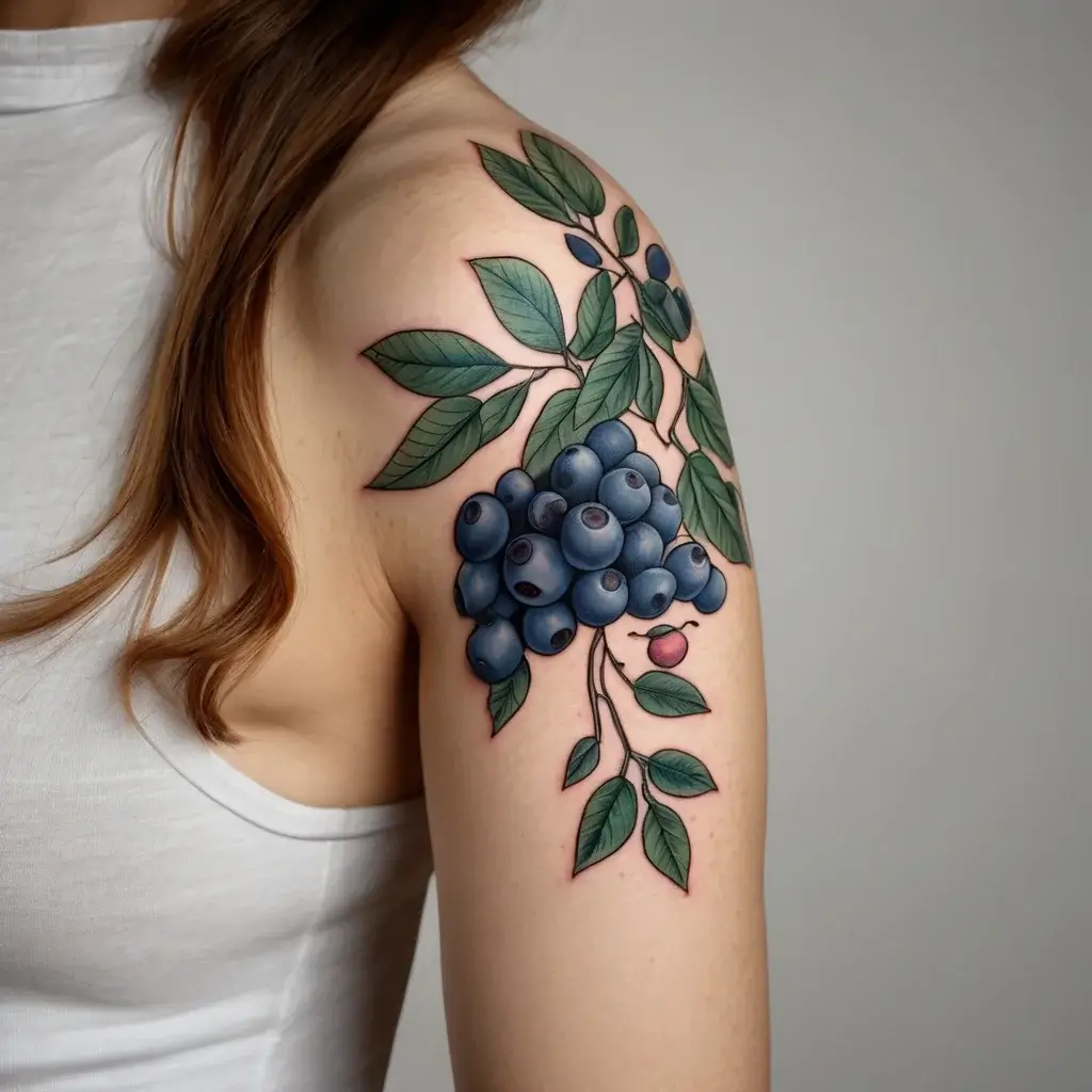 Tattoo of realistic blueberries and green leaves on an upper arm, symbolizing nature and abundance.