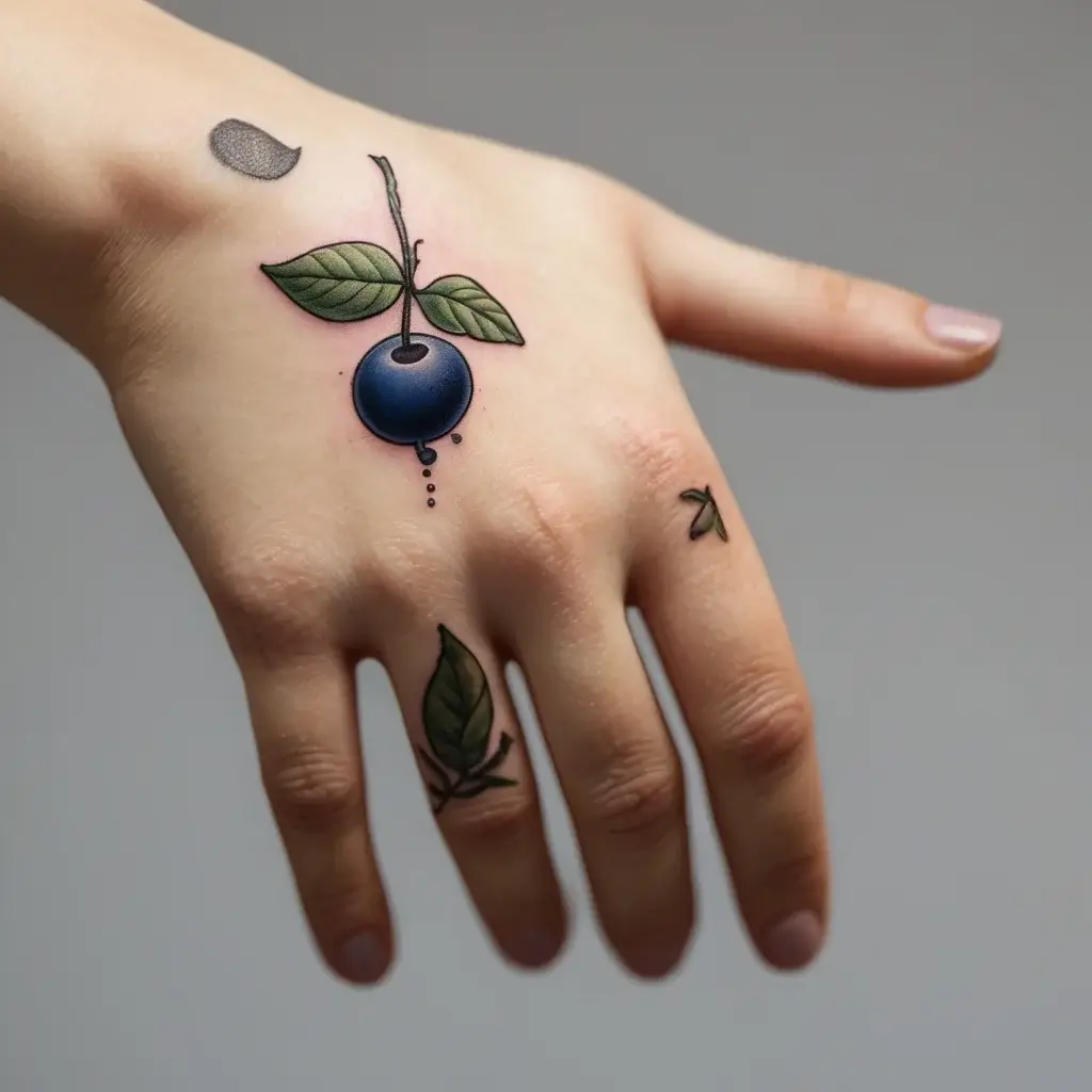 Tattoo of a realistic blue berry with green leaves on the hand, with additional small leaf tattoos on fingers.