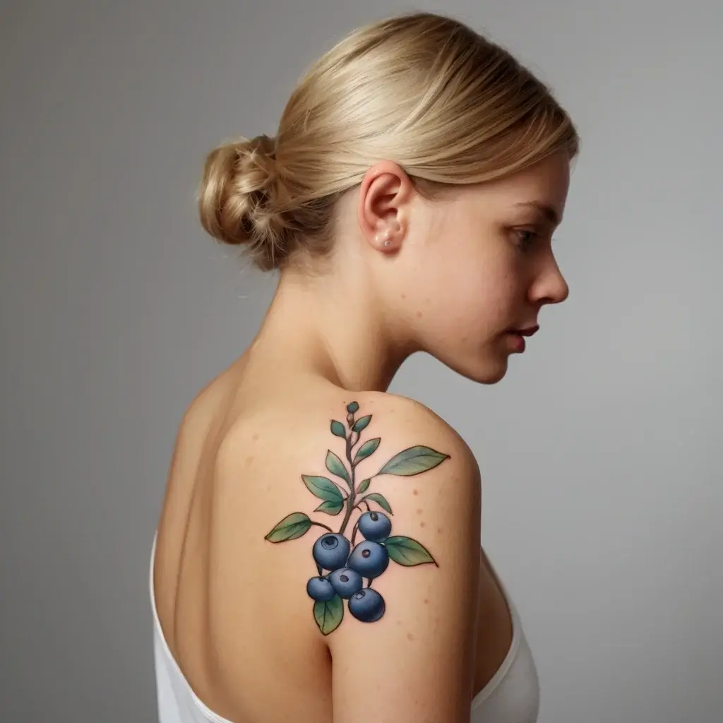 Tattoo of vibrant blueberries and green leaves on shoulder, blending realism with clean lines and shading.