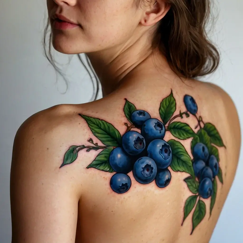 Tattoo of realistic blueberries with vibrant green leaves on the shoulder, showcasing intricate detail and shading.