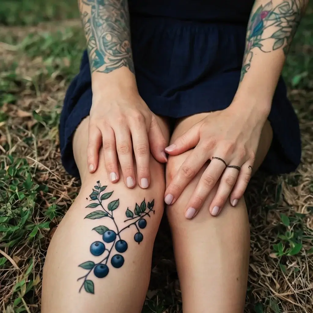 Tattoo of a blueberry branch with vivid blue fruit and green leaves, elegantly inked on the thigh, symbolizing nature.