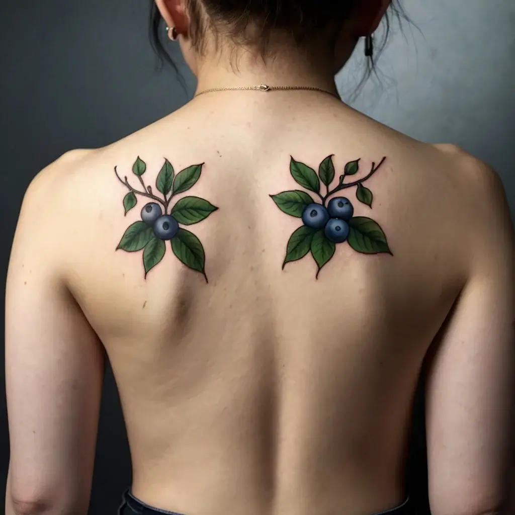 Two symmetrical blueberry branch tattoos on the upper back, featuring rich green leaves and vibrant blue berries.