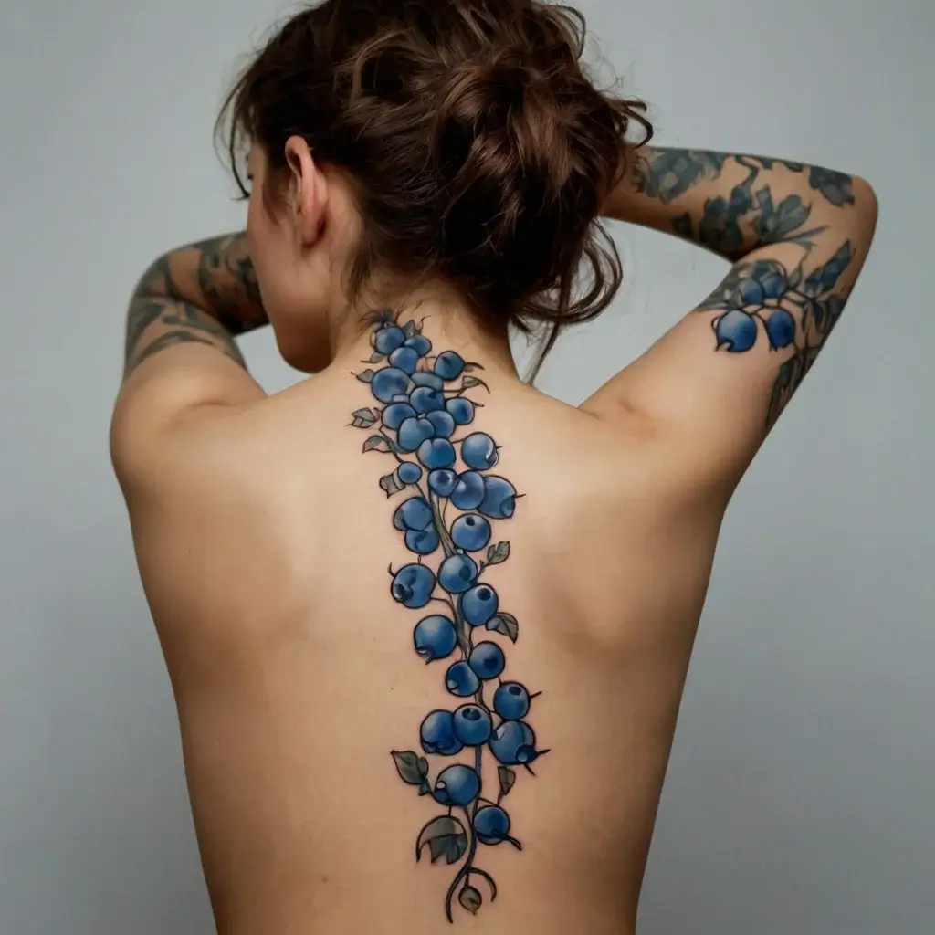 A vibrant tattoo of cascading blue berries with delicate leaves, artistically designed along the spine.