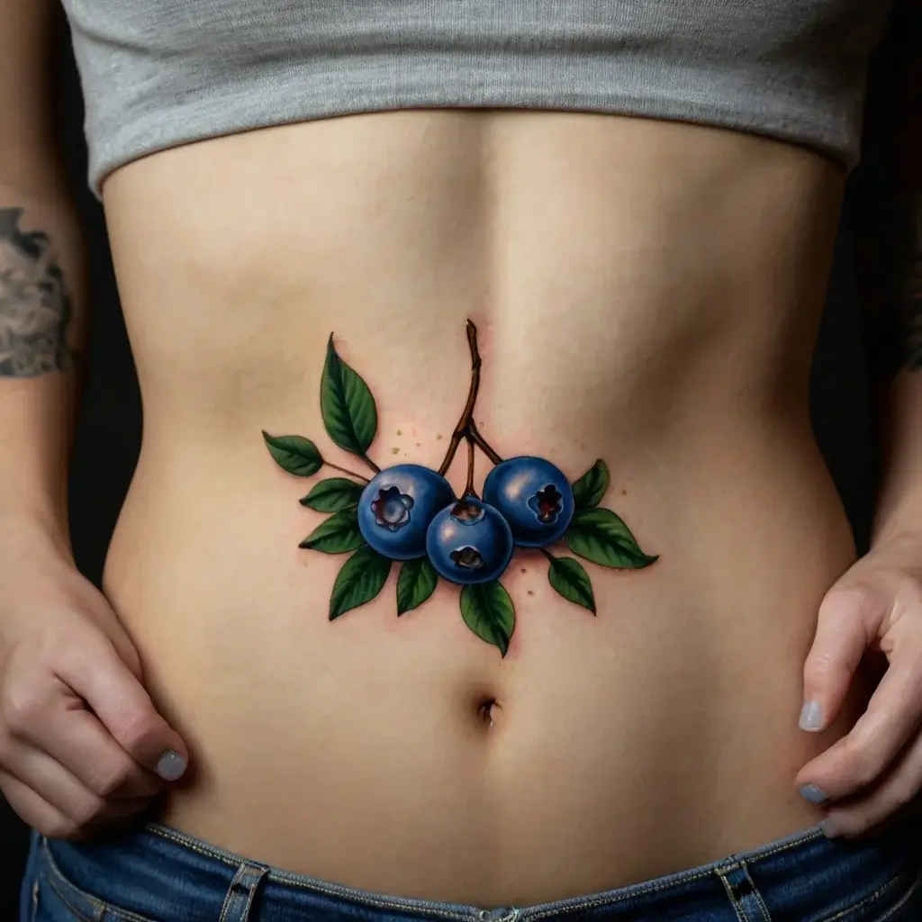 Tattoo of realistic blueberries with green leaves on the abdomen, showcasing vibrant colors and detailed shading.