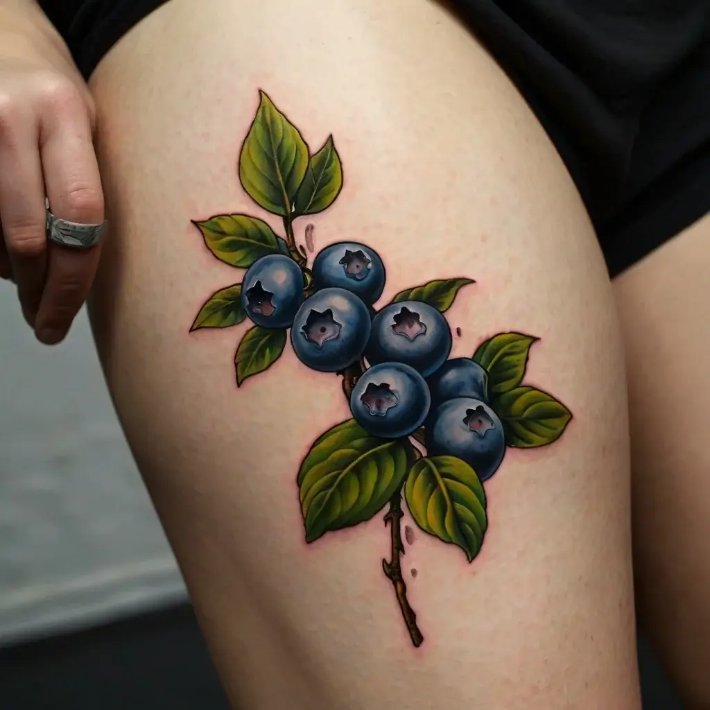 Tattoo of a vibrant blueberry branch with lush green leaves and realistic shading on the thigh.