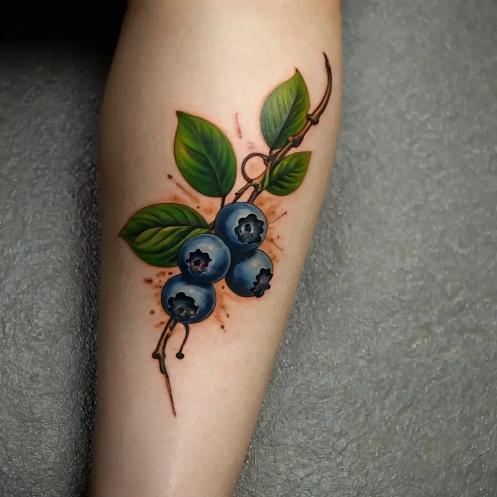 A realistic tattoo depicting a branch of blueberries with vivid green leaves, detailed shading, and subtle highlights.