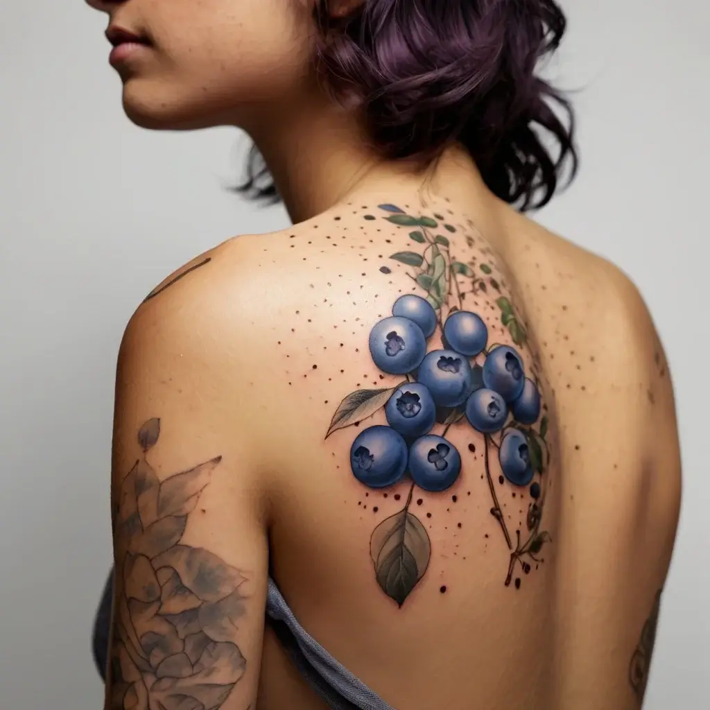 Tattoo of vivid blueberries with leaves on the upper back, surrounded by dot work art.