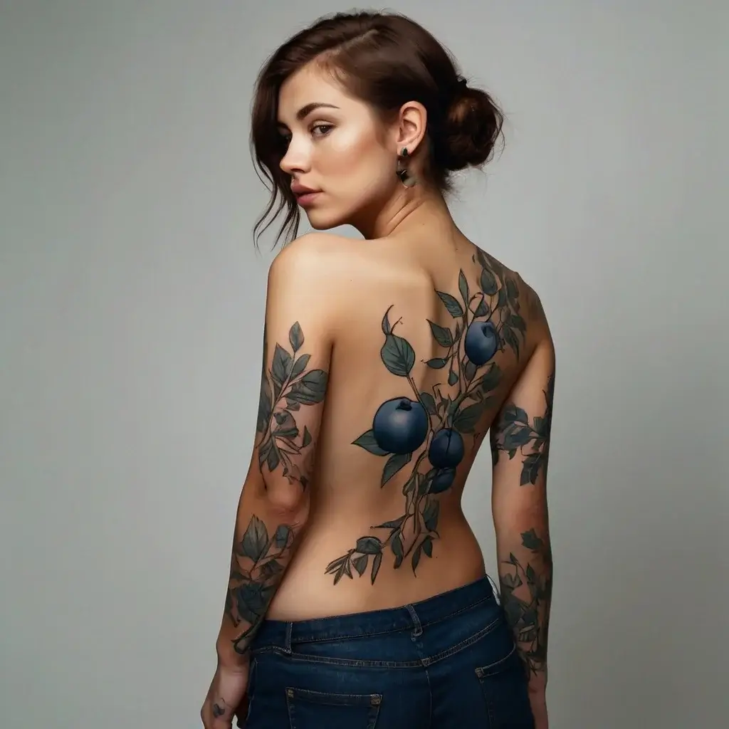 Tattoo of vibrant blue plums and leafy branches cascading from her shoulder down her back and arms.