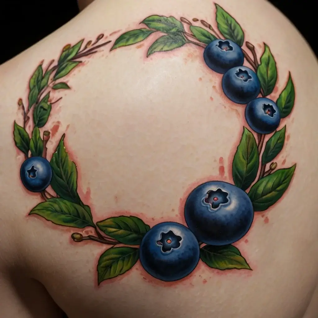 A vibrant tattoo of a wreath made of realistic blueberries and green leaves, intricately detailed on the shoulder blade.