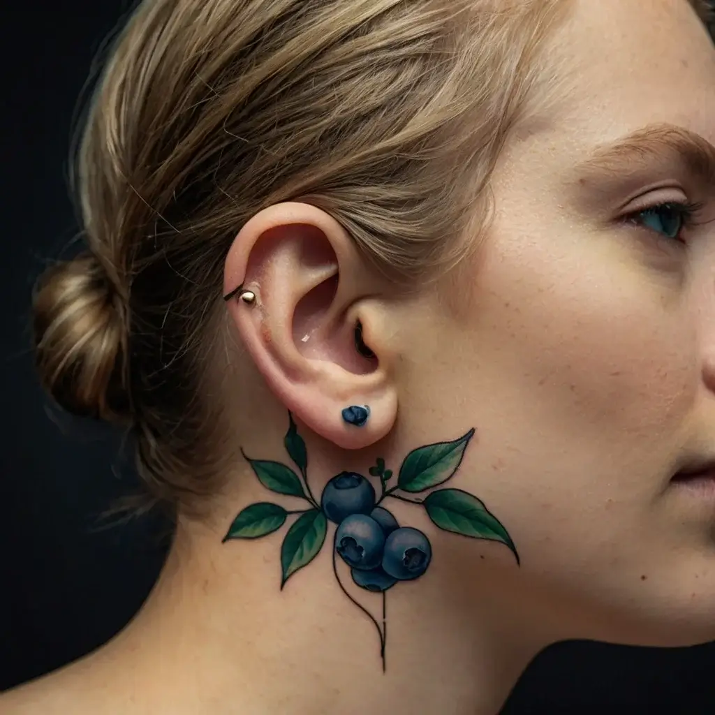 Tattoo of realistic blueberries with green leaves, placed behind the ear, blending vibrant colors for a fresh, botanical look.