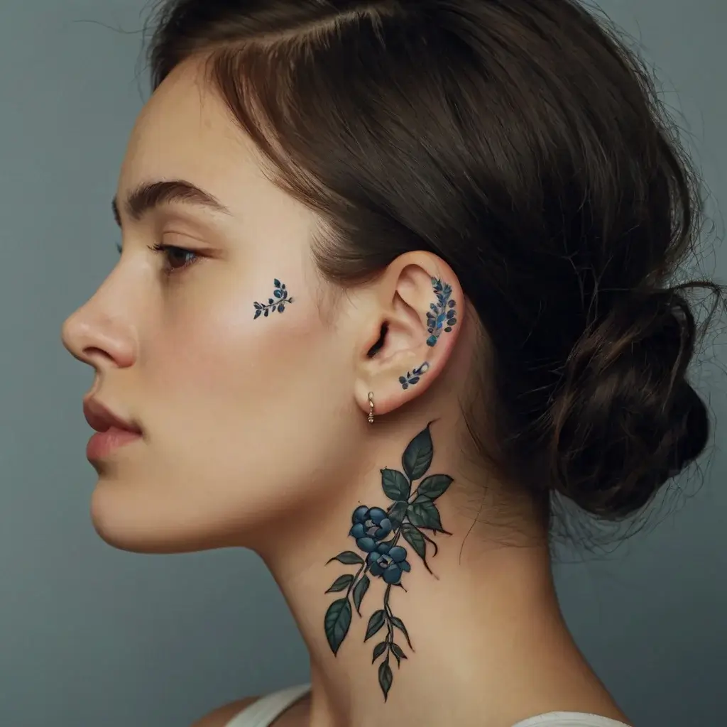 Elegant floral tattoo with blue blossoms and green leaves adorning the ear, face, and neck. Delicate and stylish design.