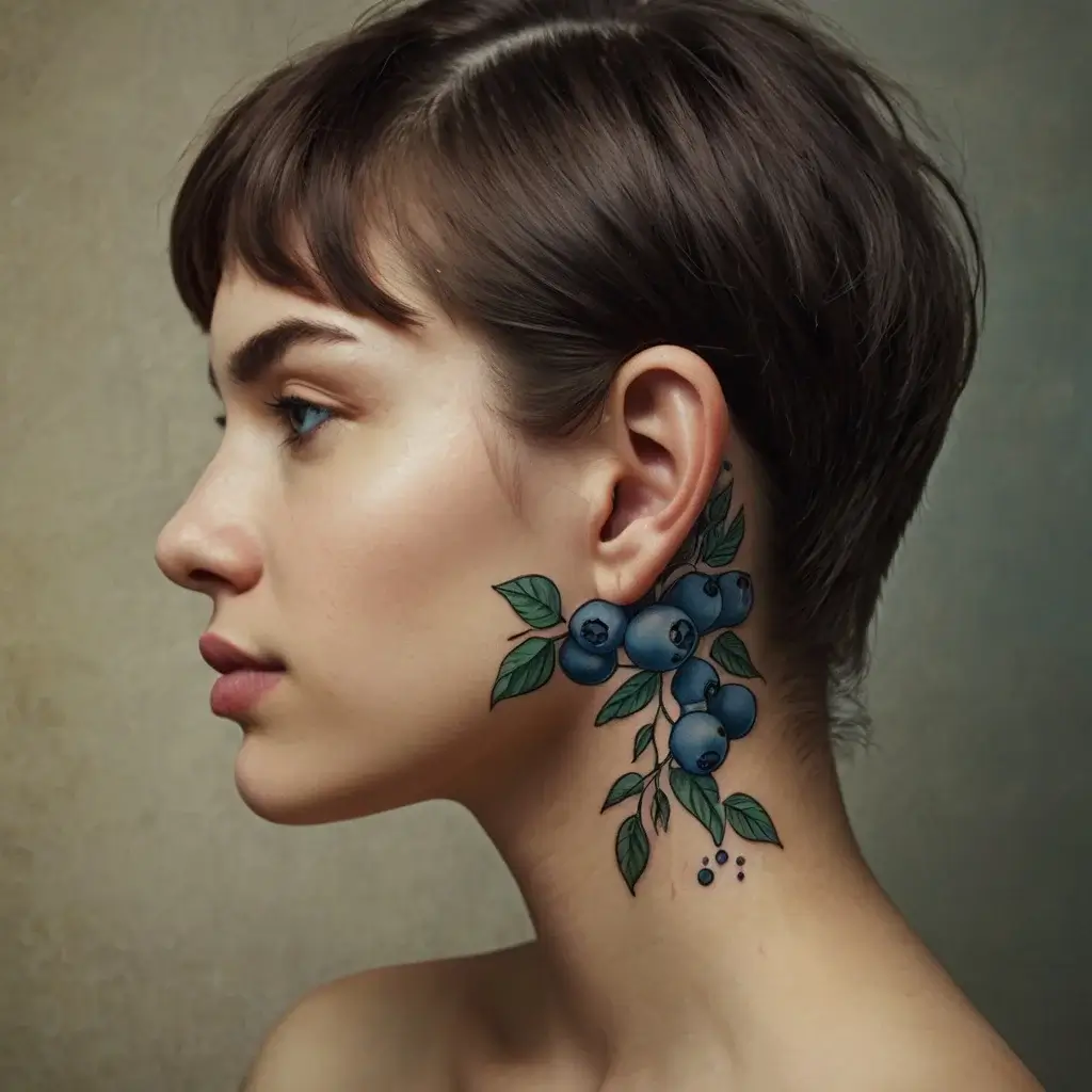 Tattoo of realistic blueberries and leaves on neck, blends with skin tone, creating a natural, organic appearance.