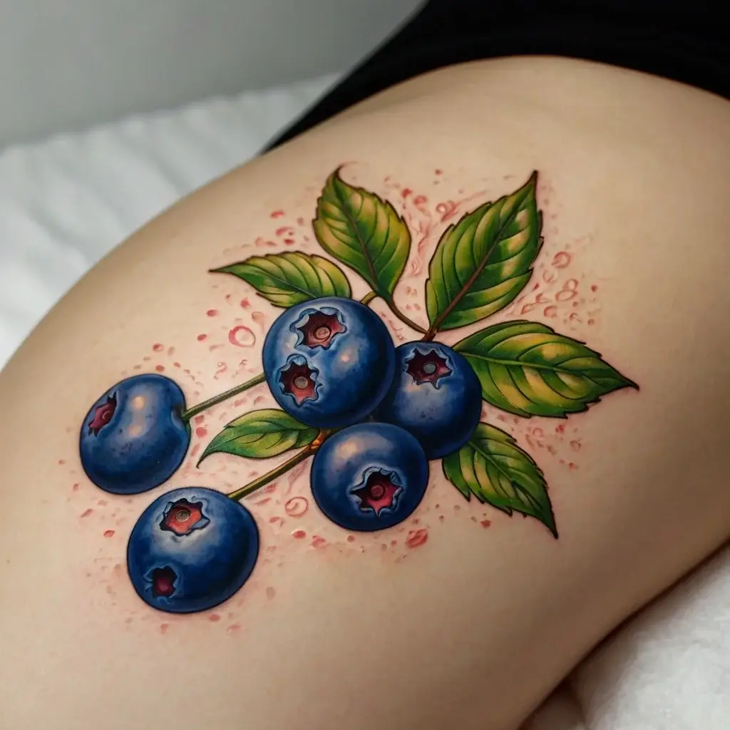 Tattoo of vibrant blueberries with detailed green leaves, highlighted with shadows, creating a realistic, fresh look.