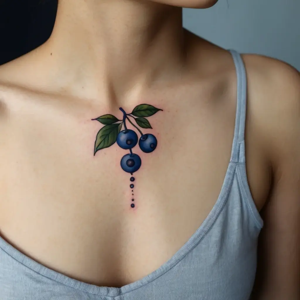 Tattoo of realistic blueberries with green leaves on the chest, featuring dotted drop detail beneath, highlighting subtle shading.