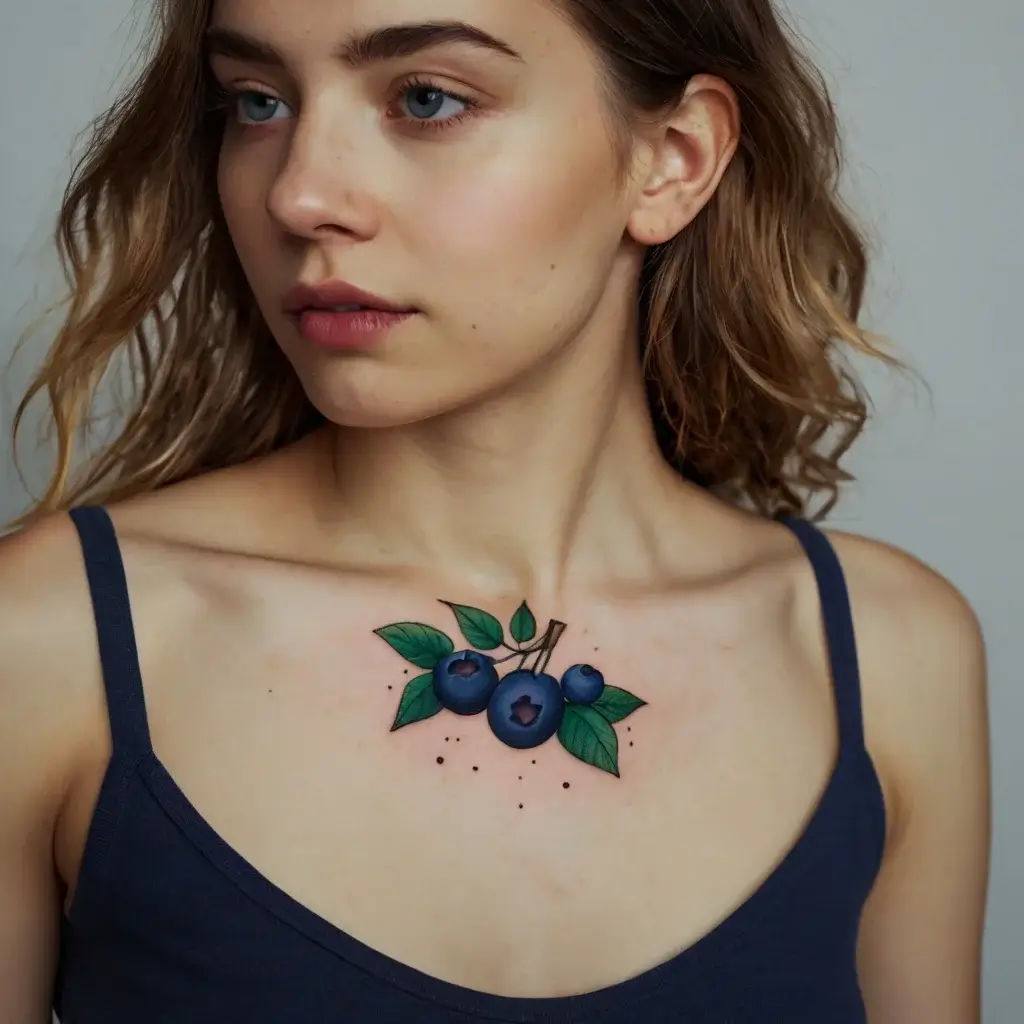 Tattoo of vibrant blueberries and green leaves on collarbone, surrounded by small decorative black dots.