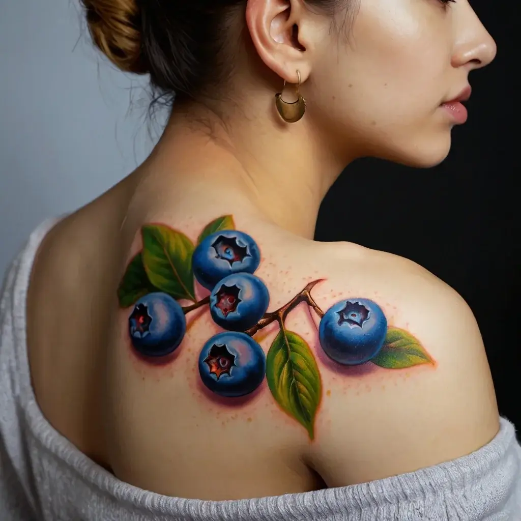 Tattoo of realistic blueberries with leaves on shoulder blade; vibrant colors and detailed shading create a lifelike design.