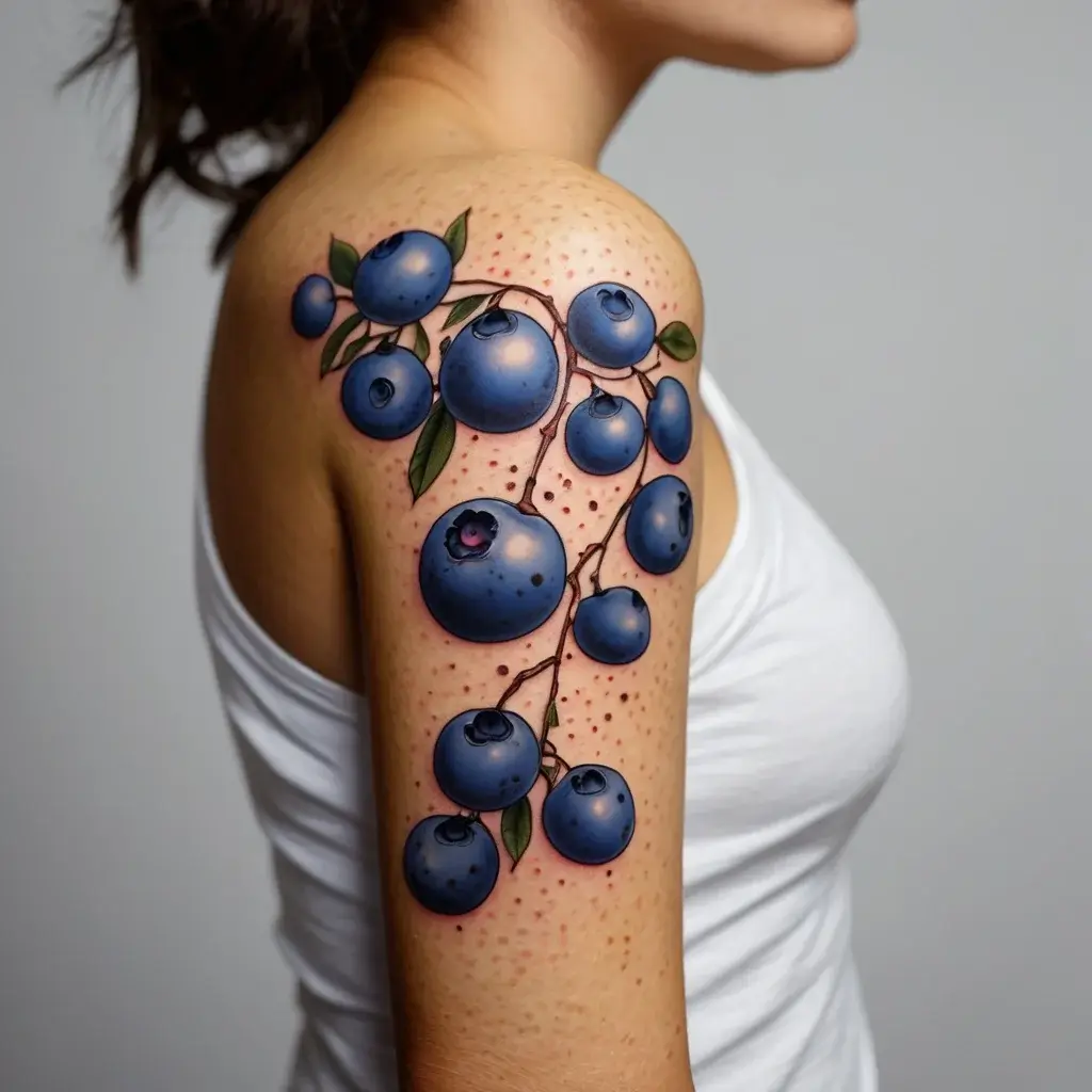 Tattoo of realistic blueberries and leaves cascading down the upper arm in vibrant blues and greens.