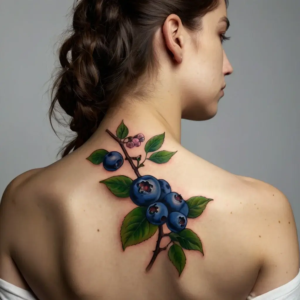 Tattoo of vibrant blueberries and leaves on a branch, realistically rendered across the shoulder blade.