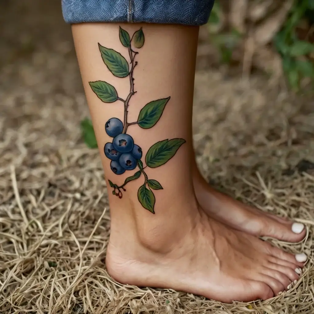 Tattoo of a vibrant blueberry branch with realistic leaves and berries on the side of the lower leg.